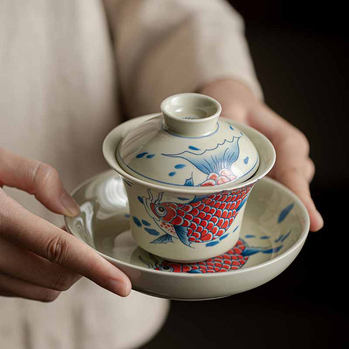 Buddha Stones Koi Fish Arowana Céramique Gaiwan Sancai Tasse à Thé Kung Fu Tasse à Thé Avec Couvercle 130ml