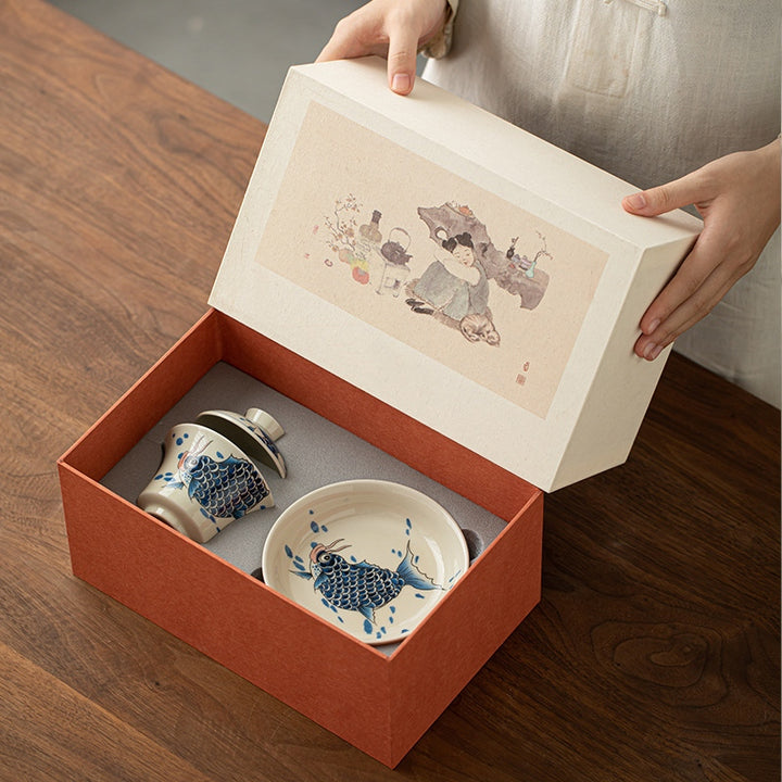 Buddha Stones Koi Fish Arowana Céramique Gaiwan Sancai Tasse à Thé Kung Fu Tasse à Thé Avec Couvercle 130ml