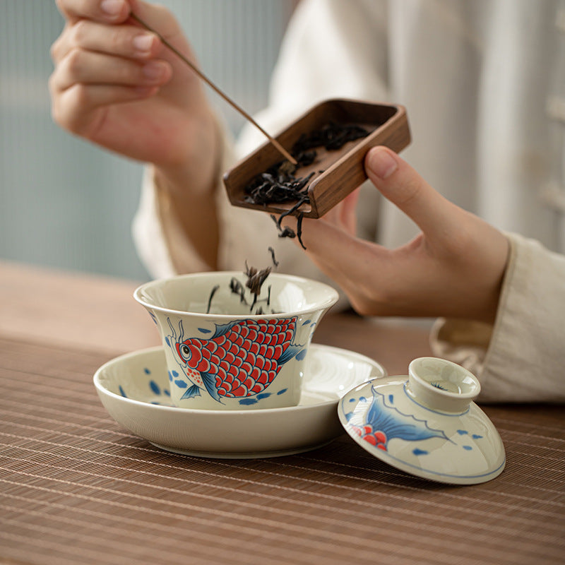 Buddha Stones Koi Fish Arowana Céramique Gaiwan Sancai Tasse à Thé Kung Fu Tasse à Thé Avec Couvercle 130ml