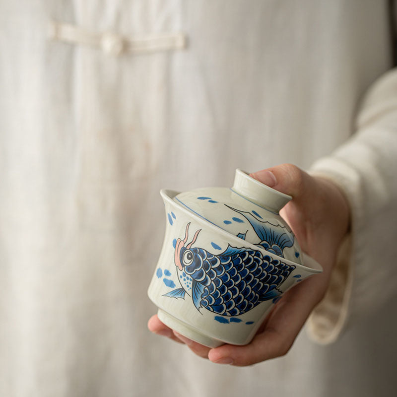 Buddha Stones Koi Fish Arowana Céramique Gaiwan Sancai Tasse à Thé Kung Fu Tasse à Thé Avec Couvercle 130ml