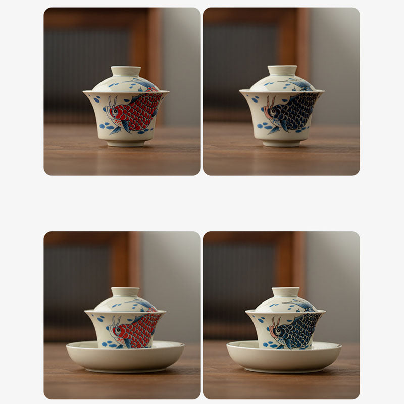 Buddha Stones Koi Fish Arowana Céramique Gaiwan Sancai Tasse à Thé Kung Fu Tasse à Thé Avec Couvercle 130ml