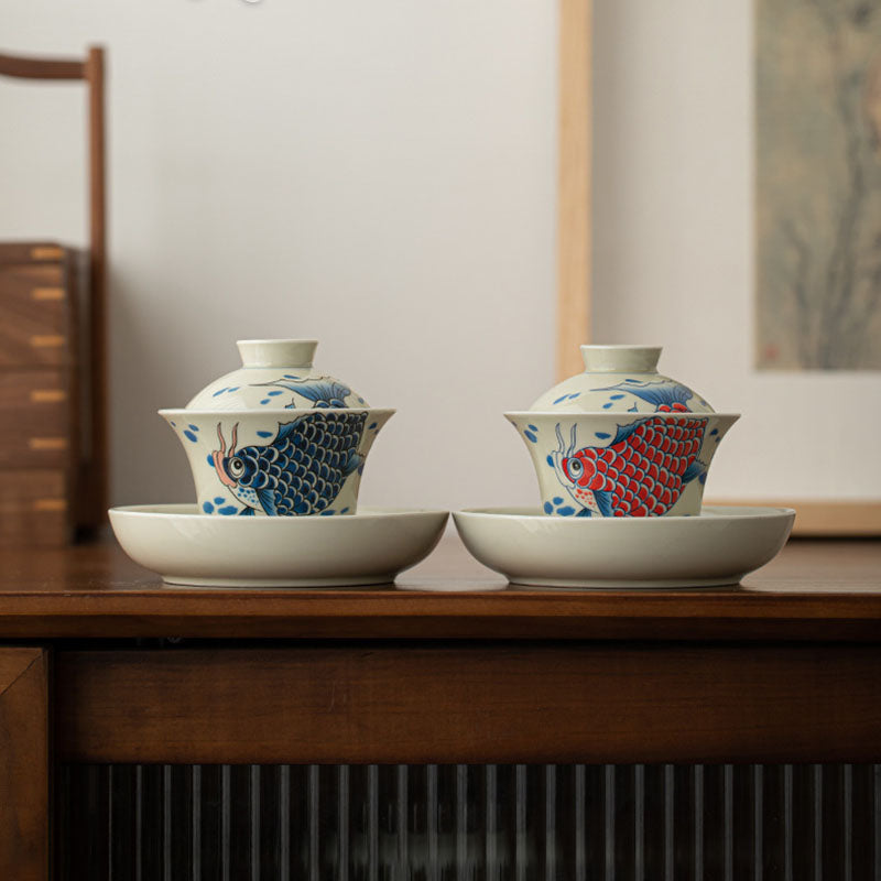 Buddha Stones Koi Fish Arowana Céramique Gaiwan Sancai Tasse à Thé Kung Fu Tasse à Thé Avec Couvercle 130ml