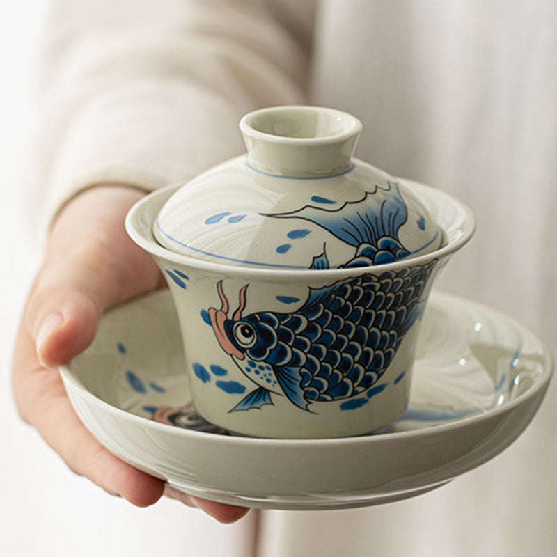 Buddha Stones Koi Fish Arowana Céramique Gaiwan Sancai Tasse à Thé Kung Fu Tasse à Thé Avec Couvercle 130ml