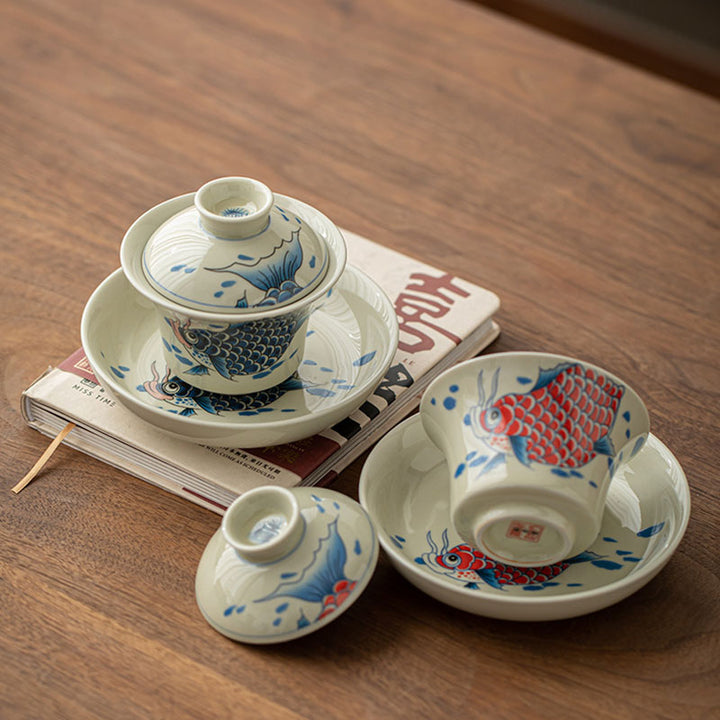 Buddha Stones Koi Fish Arowana Céramique Gaiwan Sancai Tasse à Thé Kung Fu Tasse à Thé Avec Couvercle 130ml