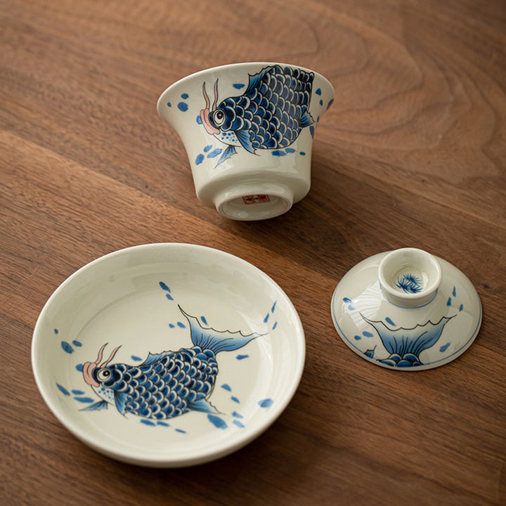 Buddha Stones Koi Fish Arowana Céramique Gaiwan Sancai Tasse à Thé Kung Fu Tasse à Thé Avec Couvercle 130ml