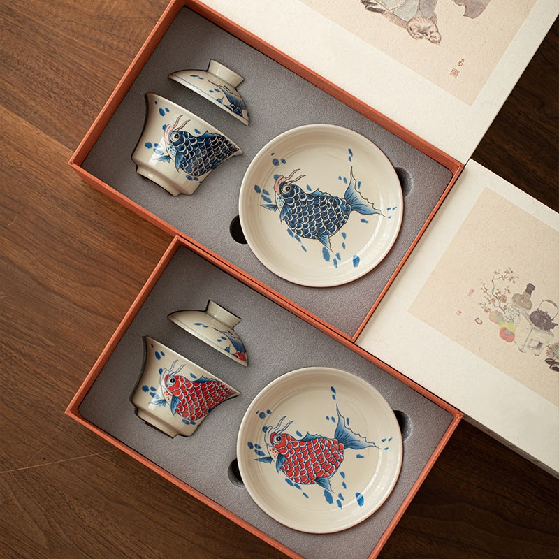 Buddha Stones Koi Fish Arowana Céramique Gaiwan Sancai Tasse à Thé Kung Fu Tasse à Thé Avec Couvercle 130ml
