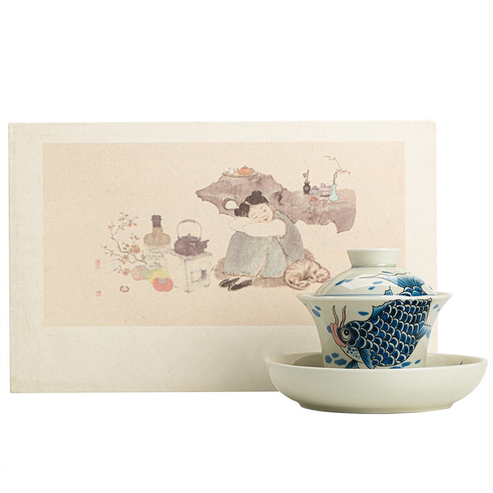 Buddha Stones Koi Fish Arowana Céramique Gaiwan Sancai Tasse à Thé Kung Fu Tasse à Thé Avec Couvercle 130ml