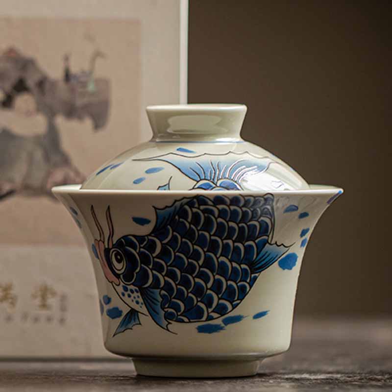 Buddha Stones Koi Fish Arowana Céramique Gaiwan Sancai Tasse à Thé Kung Fu Tasse à Thé Avec Couvercle 130ml