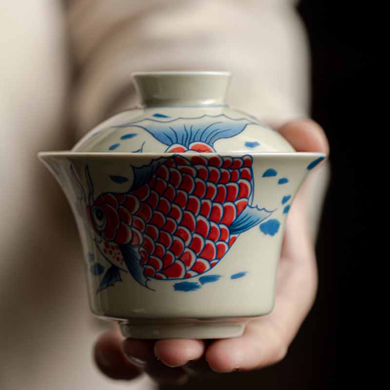 Buddha Stones Koi Fish Arowana Céramique Gaiwan Sancai Tasse à Thé Kung Fu Tasse à Thé Avec Couvercle 130ml