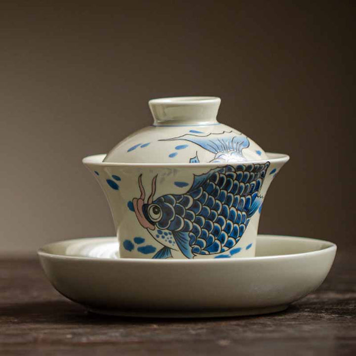Buddha Stones Koi Fish Arowana Céramique Gaiwan Sancai Tasse à Thé Kung Fu Tasse à Thé Avec Couvercle 130ml