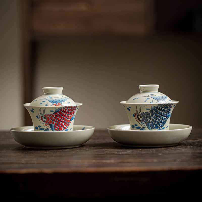 Buddha Stones Koi Fish Arowana Céramique Gaiwan Sancai Tasse à Thé Kung Fu Tasse à Thé Avec Couvercle 130ml