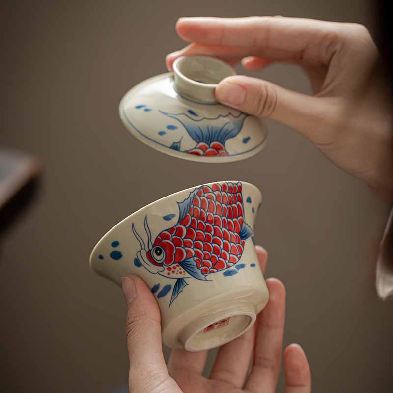 Buddha Stones Koi Fish Arowana Céramique Gaiwan Sancai Tasse à Thé Kung Fu Tasse à Thé Avec Couvercle 130ml