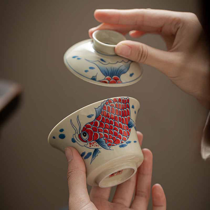 Buddha Stones Koi Fish Arowana Céramique Gaiwan Sancai Tasse à Thé Kung Fu Tasse à Thé Avec Couvercle 130ml