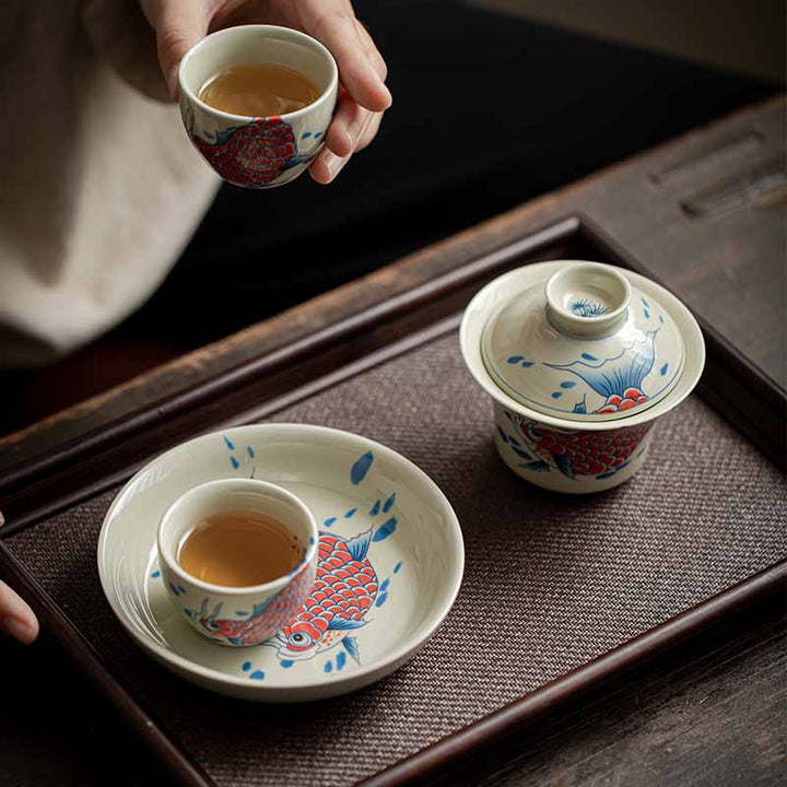 Buddha Stones Koi Fish Arowana Céramique Gaiwan Sancai Tasse à Thé Kung Fu Tasse à Thé Avec Couvercle 130ml