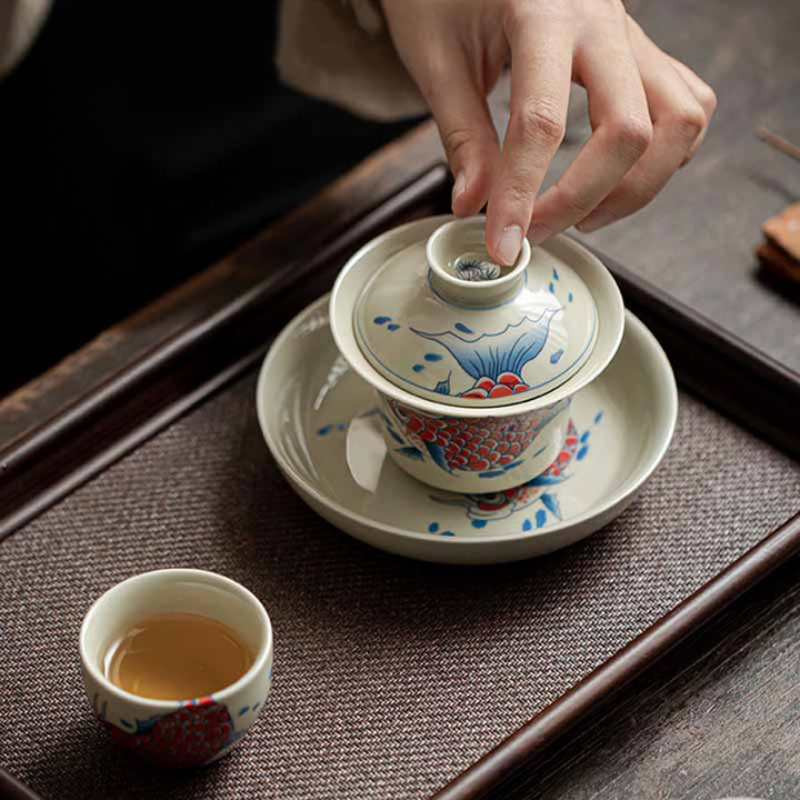 Buddha Stones Koi Fish Arowana Céramique Gaiwan Sancai Tasse à Thé Kung Fu Tasse à Thé Avec Couvercle 130ml
