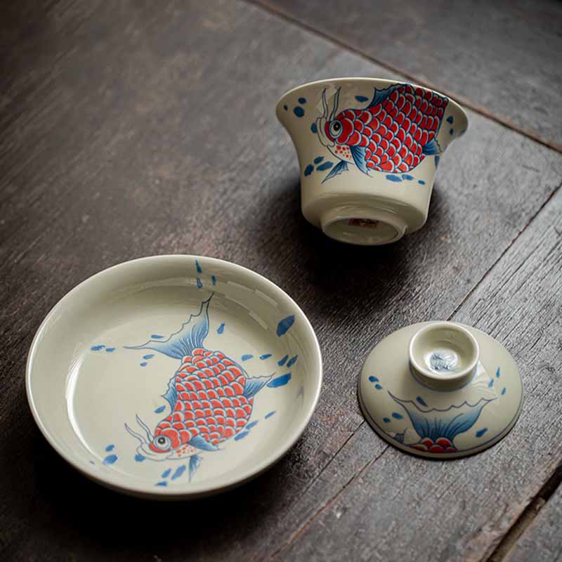 Buddha Stones Koi Fish Arowana Céramique Gaiwan Sancai Tasse à Thé Kung Fu Tasse à Thé Avec Couvercle 130ml