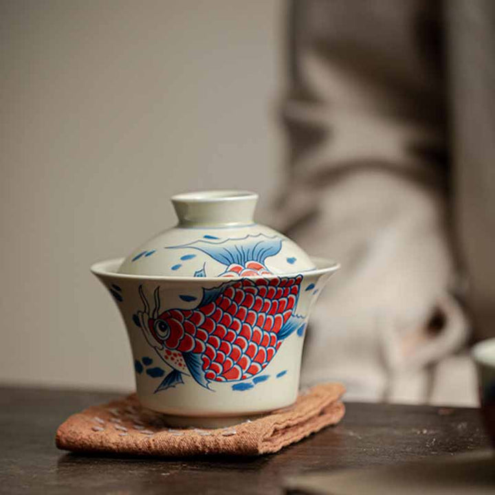 Buddha Stones Koi Fish Arowana Céramique Gaiwan Sancai Tasse à Thé Kung Fu Tasse à Thé Avec Couvercle 130ml