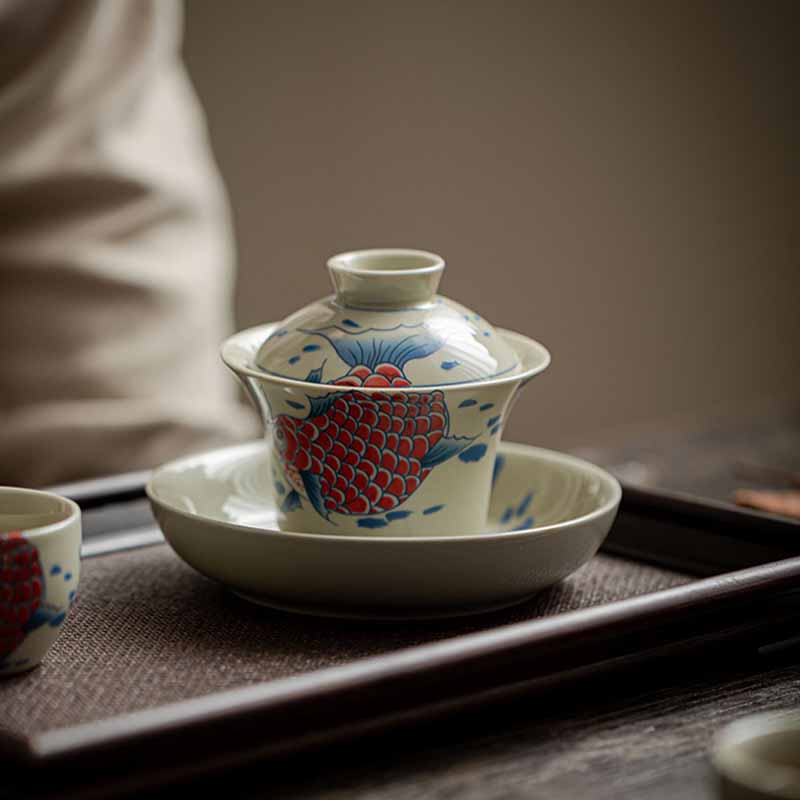 Buddha Stones Koi Fish Arowana Céramique Gaiwan Sancai Tasse à Thé Kung Fu Tasse à Thé Avec Couvercle 130ml