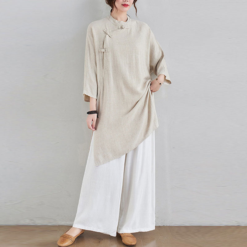Ensemble de 2 pièces en coton et lin avec haut et pantalon pour femme Buddha Stones et méditation Zen Tai Chi - Haut beige et pantalon blanc - US12，UK/AU16，EU44 (2XL) - image 0
