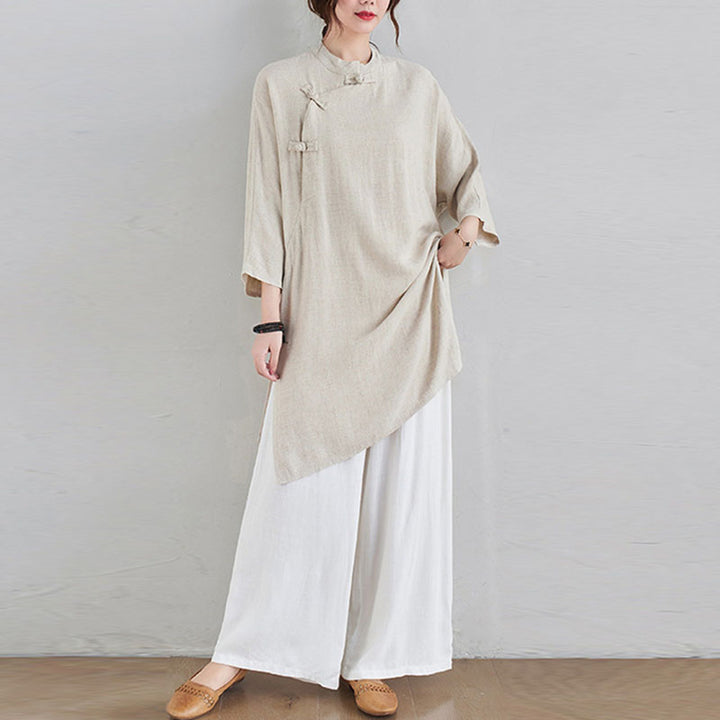 Ensemble de 2 pièces en coton et lin avec haut et pantalon pour femme Buddha Stones et méditation Zen Tai Chi - Haut beige et pantalon blanc - US12，UK/AU16，EU44 (2XL) - image 0