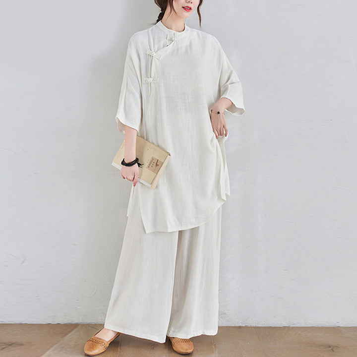 Ensemble de 2 pièces en coton et lin avec haut et pantalon pour femme Buddha Stones et méditation Zen Tai Chi - Blanc (haut et pantalon) - US12，UK/AU16，EU44 (2XL) - image 13