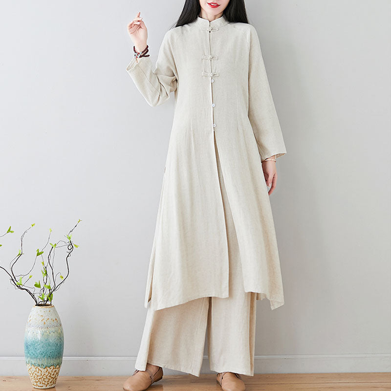 Ensemble de 2 pièces en Buddha Stones et lin avec haut et pantalon pour femme Motif grenouille chinoise - Beige (haut et pantalon) - US8-10，UK/AU12-14，EU40-42 (2XL) - image 0