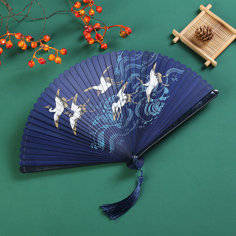 Buddha Stones pliant en bambou à main avec motif de grue nuageuse vintage et feuille d'érable