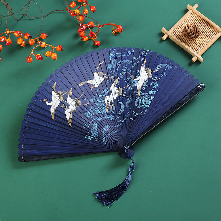 Buddha Stones pliant en bambou à main avec motif de grue nuageuse vintage et feuille d'érable