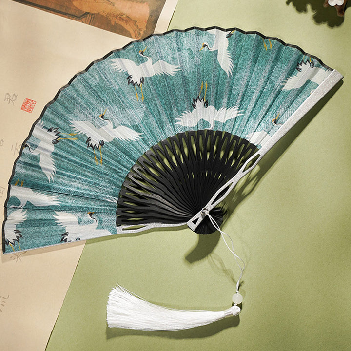 Éventail pliant en bambou et soie à motif grue bleu et blanc vintage Buddha Stones