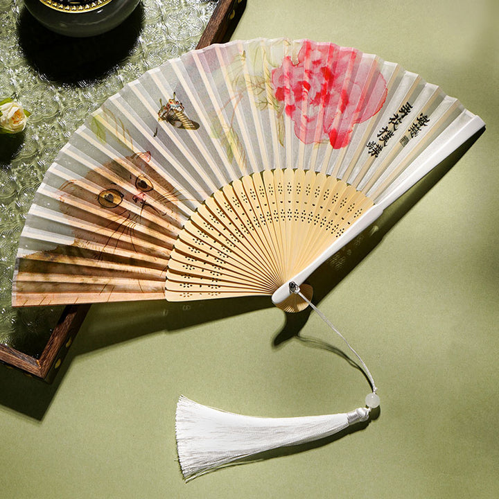 Éventail pliable en bambou et soie avec motif de chat et papillon mignon et Buddha Stones , 21 cm
