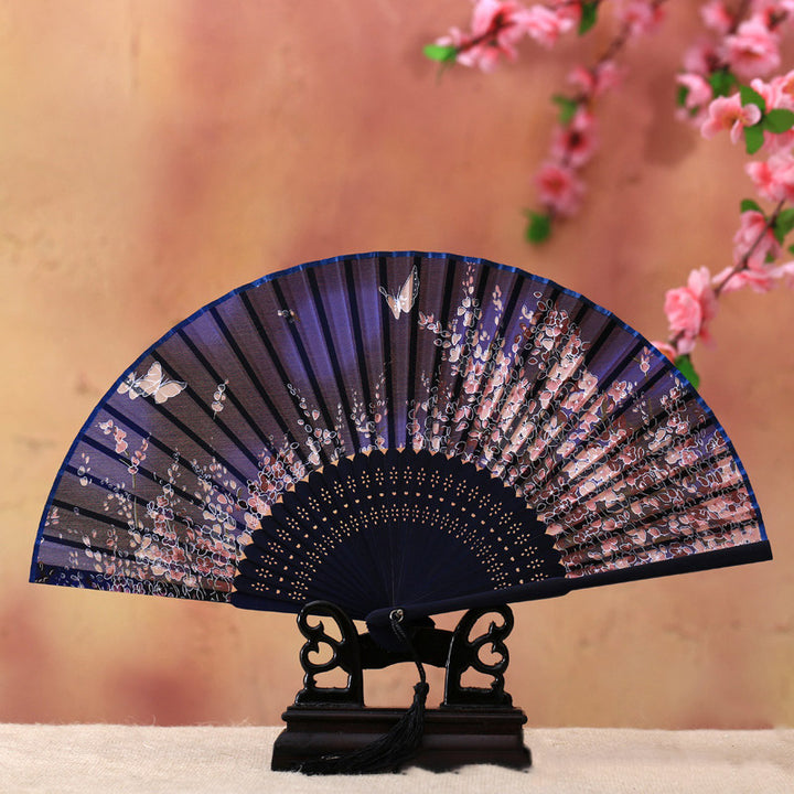 Éventail pliable en bambou avec Buddha Stones, fleur de cerisier, lys, papillon, 21 cm - Papillon bleu Fleur de cerisier 21 cm - image 1