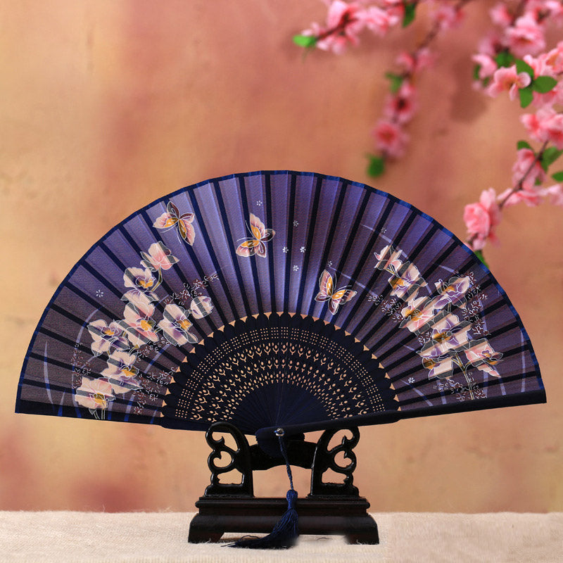 Éventail pliable en bambou avec Buddha Stones, fleur de cerisier, lys, papillon, 21 cm - Grand papillon bleu de 21 cm - image 2