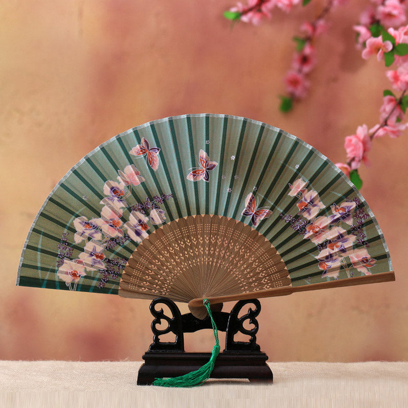 Éventail pliable en bambou avec Buddha Stones, fleur de cerisier, lys, papillon, 21 cm - Grand papillon vert de 21 cm - image 3
