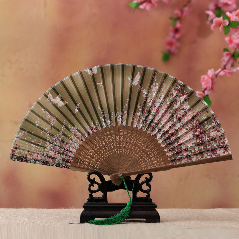 Éventail pliable en bambou avec Buddha Stones, fleur de cerisier, lys, papillon, 21 cm - Papillon vert clair, fleur de cerisier, 21 cm - image 5
