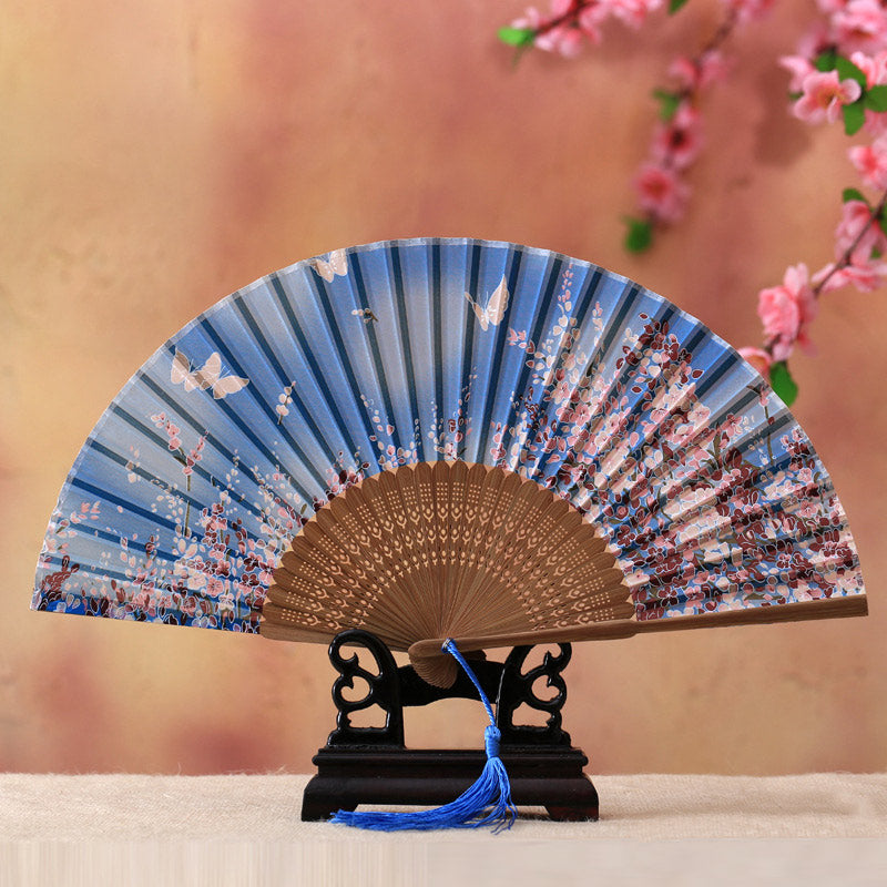 Éventail pliable en bambou avec Buddha Stones, fleur de cerisier, lys, papillon, 21 cm - Papillon bleu ciel, fleur de cerisier, 21 cm - image 6
