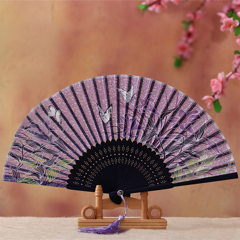 Éventail pliable en bambou avec Buddha Stones, fleur de cerisier, lys, papillon, 21 cm - Lys papillon violet 21 cm - image 7