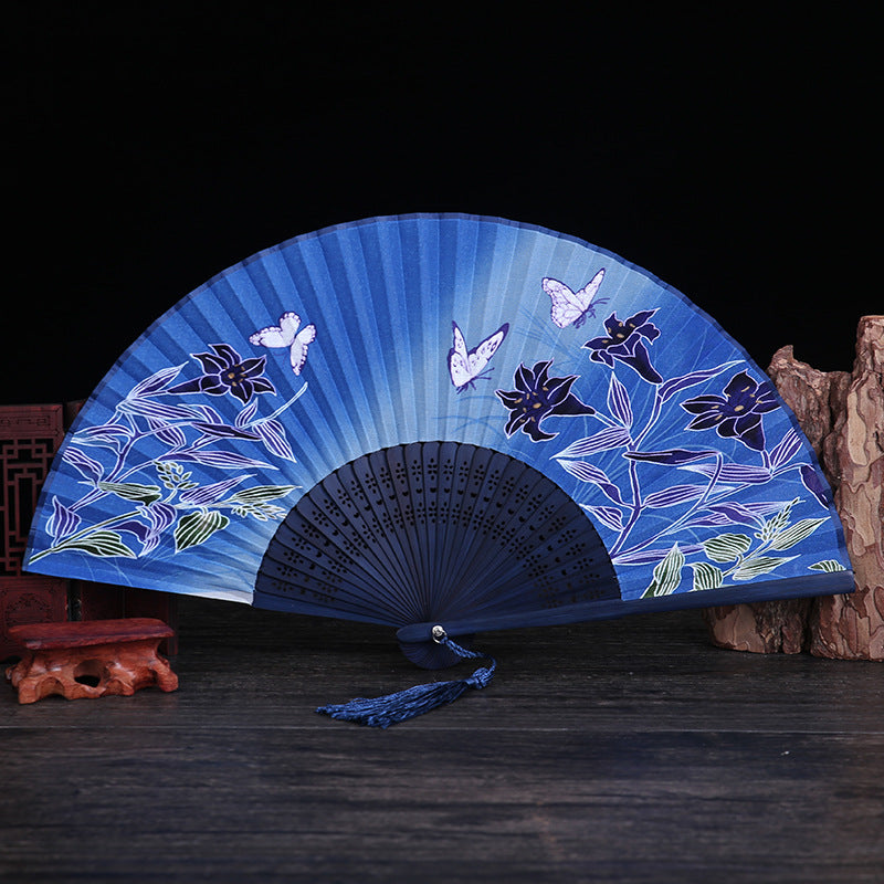 Éventail pliable en bambou avec Buddha Stones, fleur de cerisier, lys, papillon, 21 cm - Lys papillon bleu foncé 21 cm - image 8