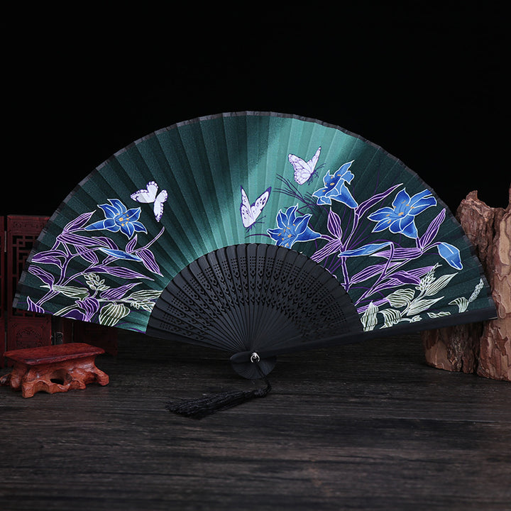 Éventail pliable en bambou avec Buddha Stones, fleur de cerisier, lys, papillon, 21 cm - Lys papillon vert et noir 21 cm - image 9