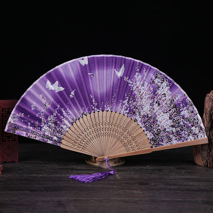 Éventail pliable en bambou avec Buddha Stones, fleur de cerisier, lys, papillon, 21 cm - Papillon violet Fleur de cerisier 21 cm - image 11