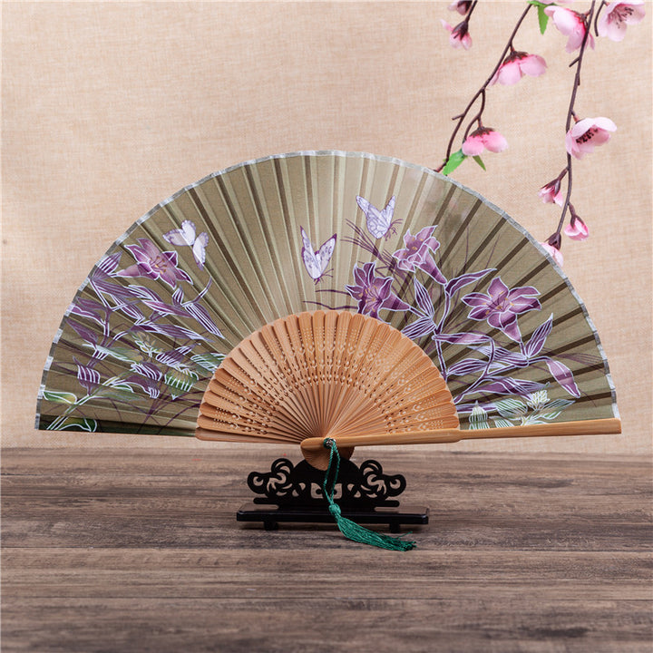 Éventail pliable en bambou avec Buddha Stones, fleur de cerisier, lys, papillon, 21 cm - Lys papillon brun-vert 21 cm - image 12