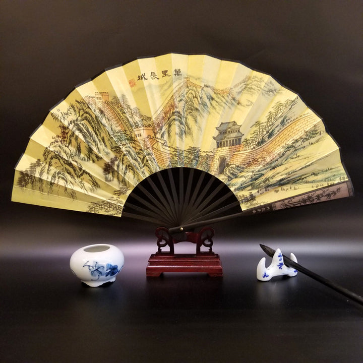 Buddha Stones Grande Muraille Montagnes Arbres Grue Bambou Éventail pliable à main en bambou 33,5 cm