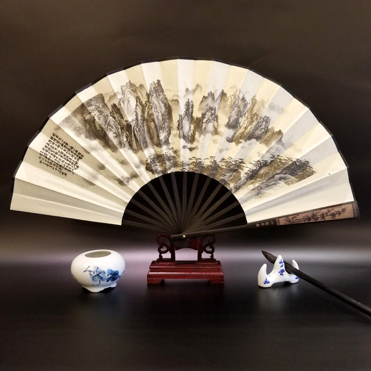 Buddha Stones Grande Muraille Montagnes Arbres Grue Bambou Éventail pliable à main en bambou 33,5 cm