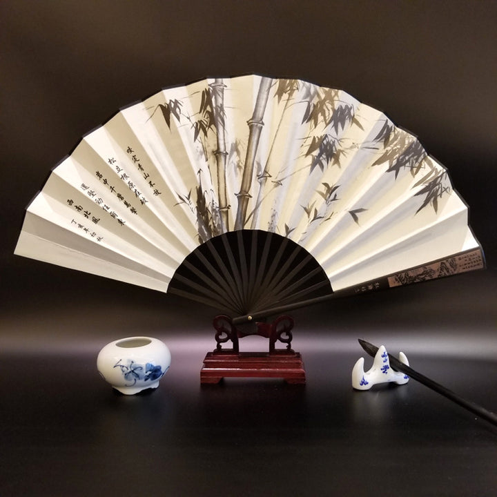 Buddha Stones Grande Muraille Montagnes Arbres Grue Bambou Éventail pliable à main en bambou 33,5 cm