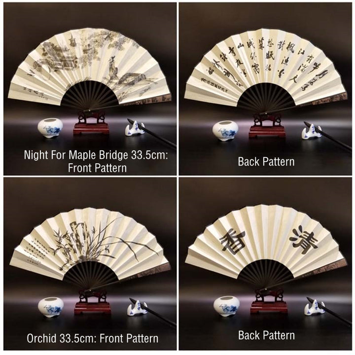 Buddha Stones Grande Muraille Montagnes Arbres Grue Bambou Éventail pliable à main en bambou 33,5 cm