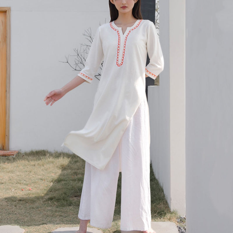 Ensemble de 2 pièces de yoga brodé à col en V avec Buddha Stones et haut en coton et lin pour femme - Blanc (Haut et pantalon) - US12，UK/AU16，EU44 (2XL)  - image 0