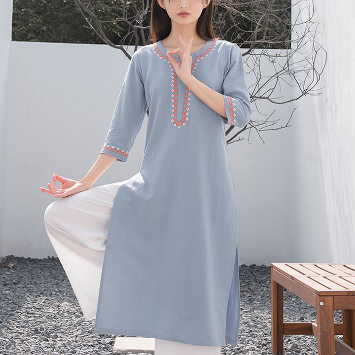 Ensemble de 2 pièces de yoga brodé à col en V avec Buddha Stones et haut en coton et lin pour femme - Haut bleu et pantalon blanc - US12，UK/AU16，EU44 (2XL)  - image 5