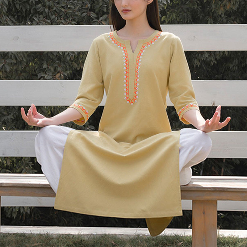 Ensemble de 2 pièces de yoga brodé à col en V avec Buddha Stones et haut en coton et lin pour femme - Haut jaune et pantalon blanc - US12，UK/AU16，EU44 (2XL)  - image 13