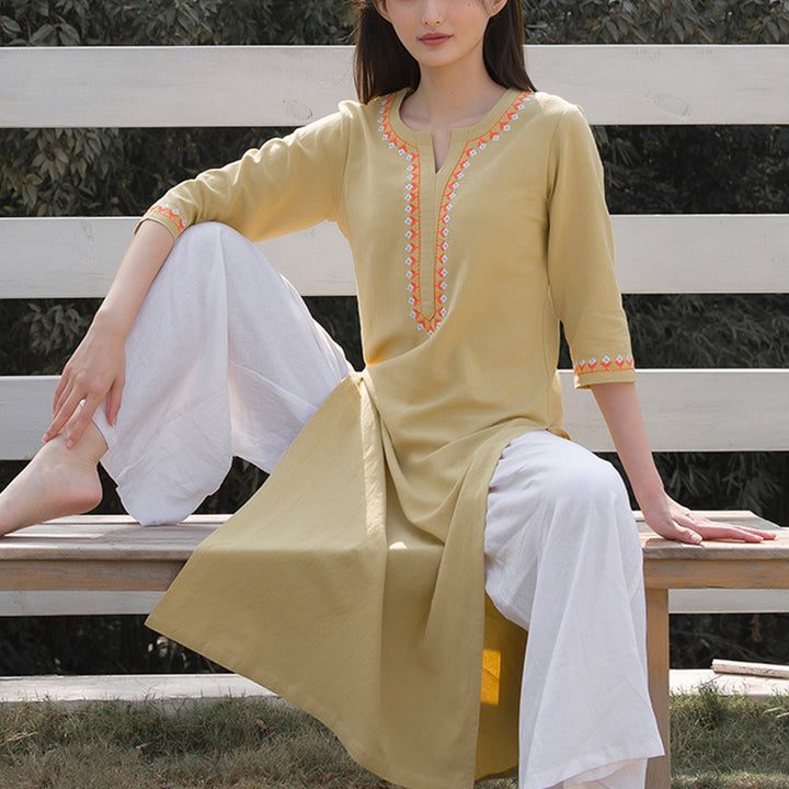 Ensemble de 2 pièces de yoga brodé à col en V avec Buddha Stones et haut en coton et lin pour femme - image 14