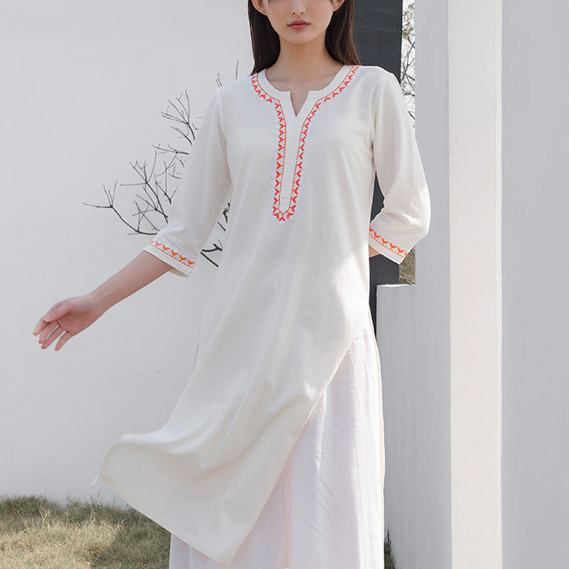 Ensemble de 2 pièces de yoga brodé à col en V avec Buddha Stones et haut en coton et lin pour femme - image 1