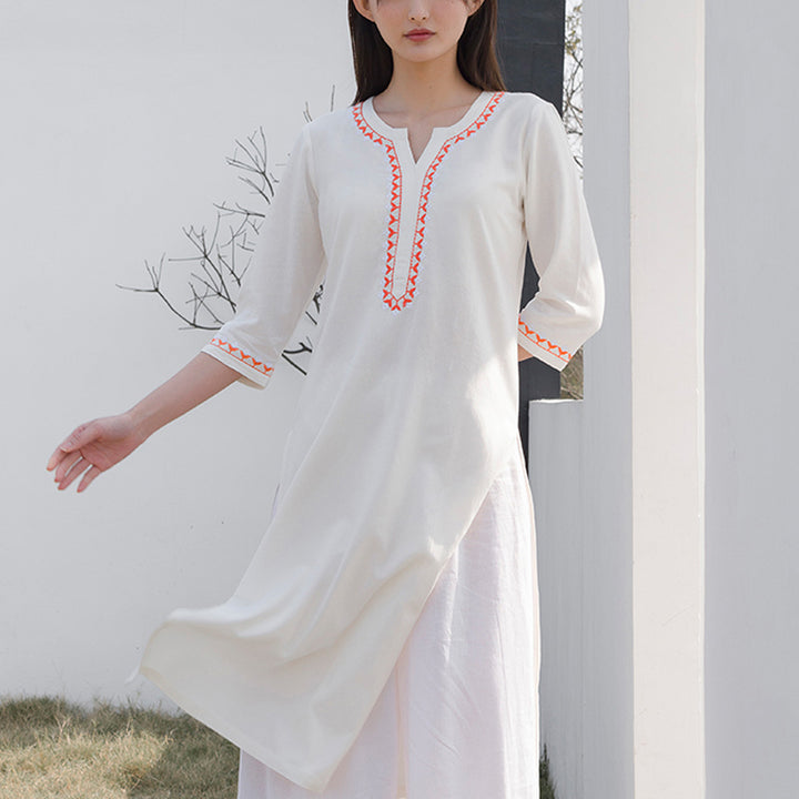 Ensemble de 2 pièces de yoga brodé à col en V avec Buddha Stones et haut en coton et lin pour femme - image 1